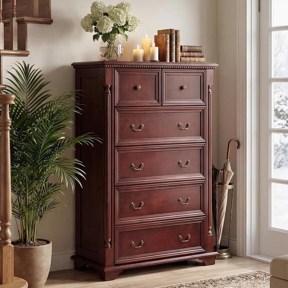 48" H Tall Dressers for Bedroom 6-Drawer, Akaber Mid-Century Walnut Wood Chest of Drawers, Vintage Farmhouse Storage Organizer