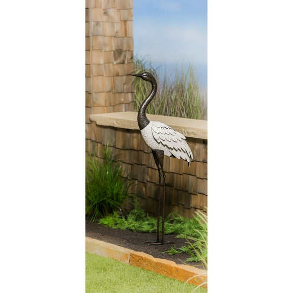 48"H Metal Crane with White Wings Garden Statuary