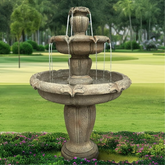 48” H Outdoor Floor Water Fountain, 3-Tiers Concrete Water Fountain with Submersible Electric Pump - Garden Cascading Waterfall for Yard Patio Lawn Home Decor