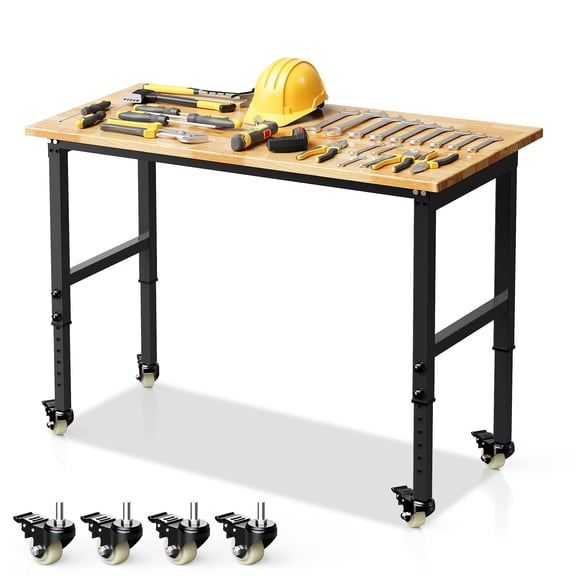 48" Heavy-Duty Adjustable Height Workbench, Rubberwood Garage Work Table with 2 Locking Casters & Tool Storage Shelf, 2000 lbs Weight Capacity