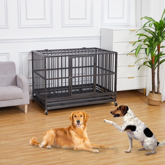 48 “ Heavy Duty Dog Crate, Dog Crates for Large Dogs, Cage Kennel with Wheels&Brakes, Sturdy Locks Design, Double Door and Removable Tray, for Medium & Large Pets, Black