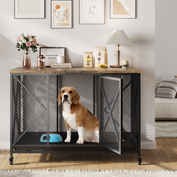 48" Heavy Duty Dog Crate Furniture - Decorative Flip-Top Kennel with Locking Wheels, Indoor Pet Cage Side Table  (Black)