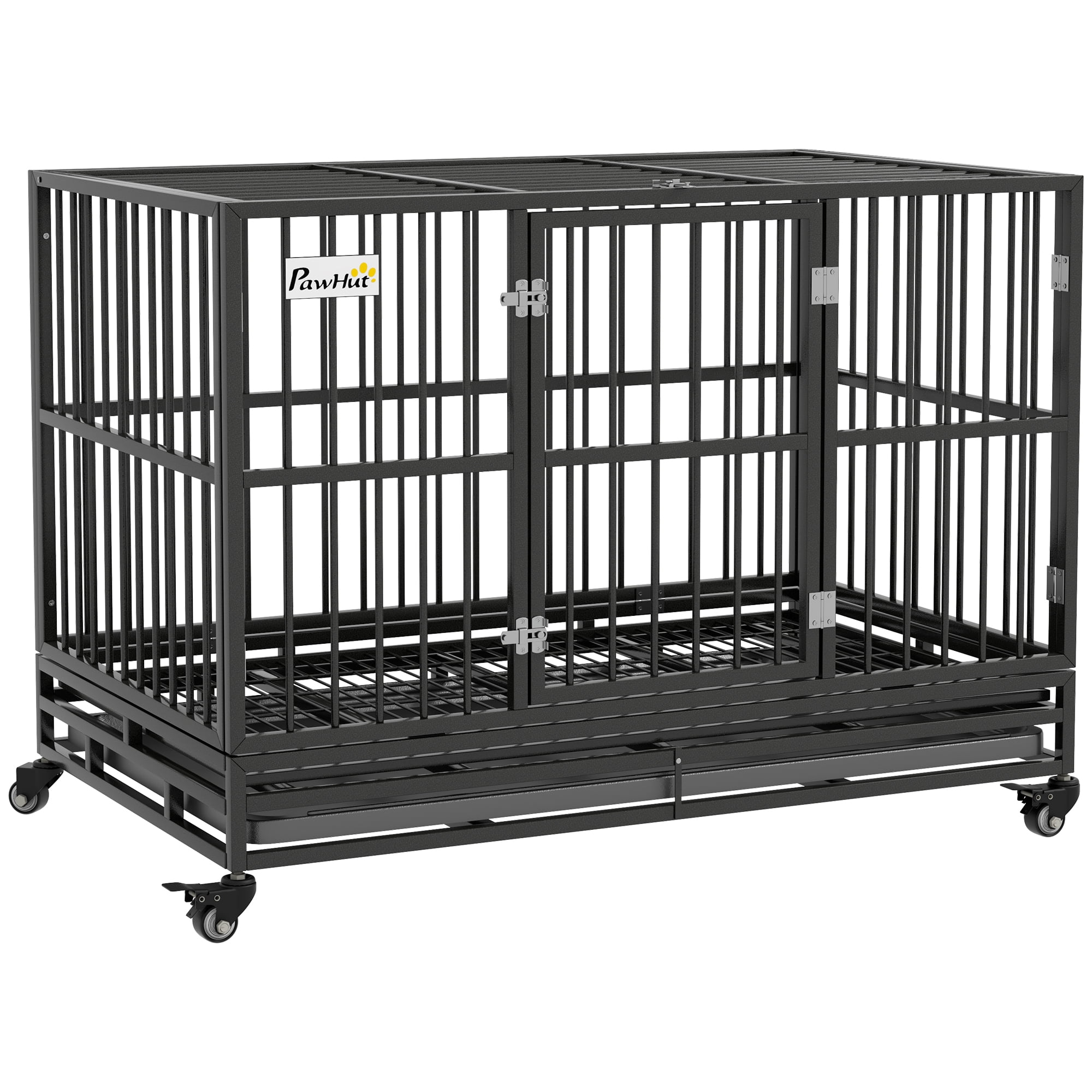48" Heavy Duty Dog Crate Metal Cage Kennel with Lockable Wheels, Double Door and Removable Tray, Gray