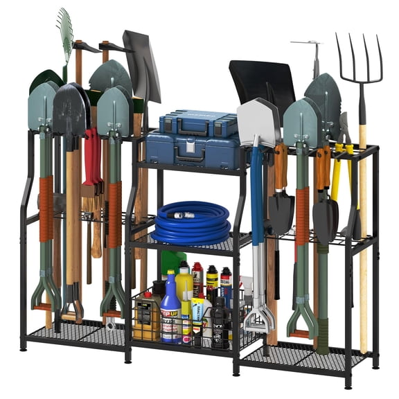 48" Heavy Duty Garden Tool Organizer, 3-Tier Yard Tool Tower Rack for Garage & Shed Storage, Tri-Sided Metal Stand with 34 Long-Handled Slots, 14 Hooks & Secure Storage Basket, Anti-Rust, Black