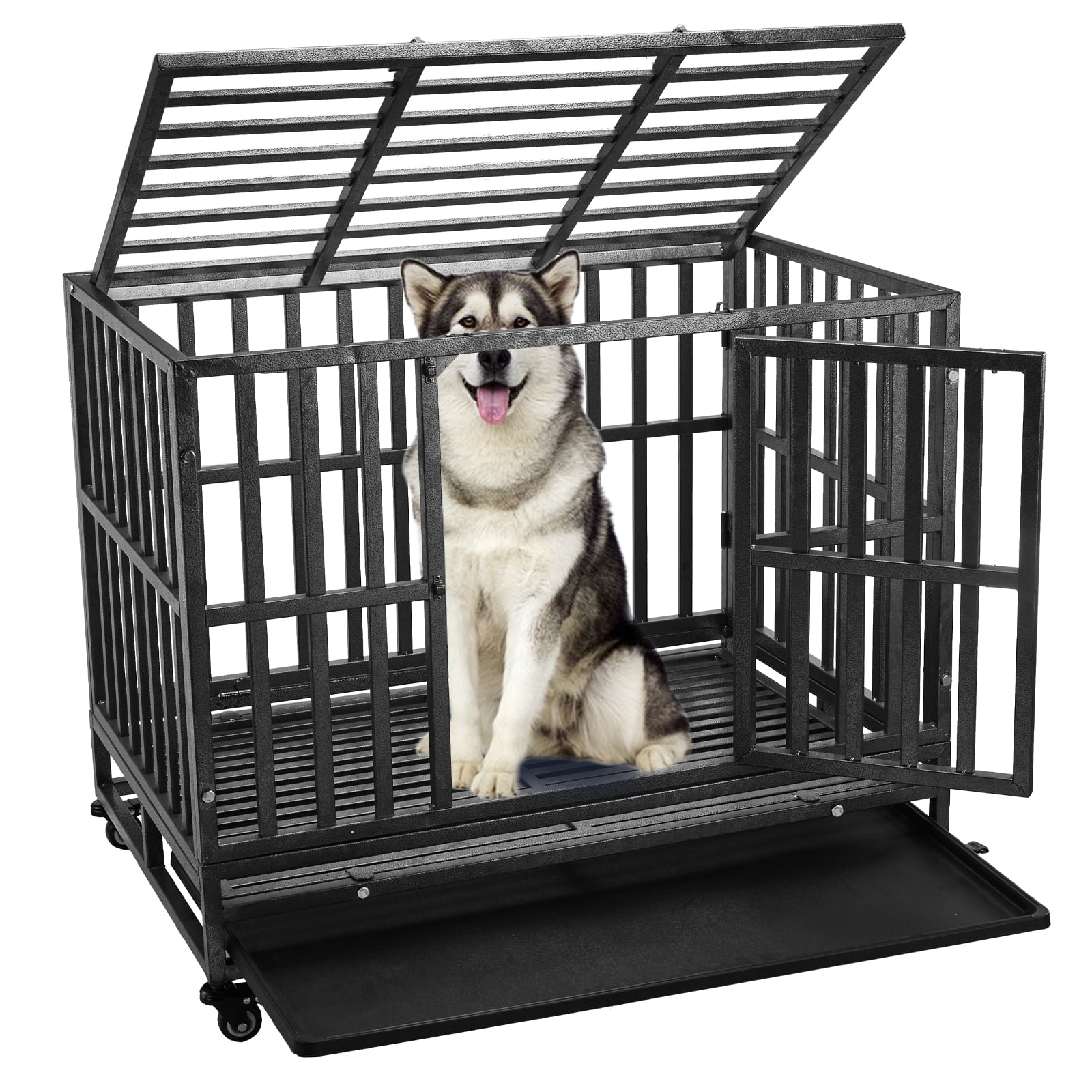 48 Heavy Duty Indestructible Dog Crate with Lockable Wheels