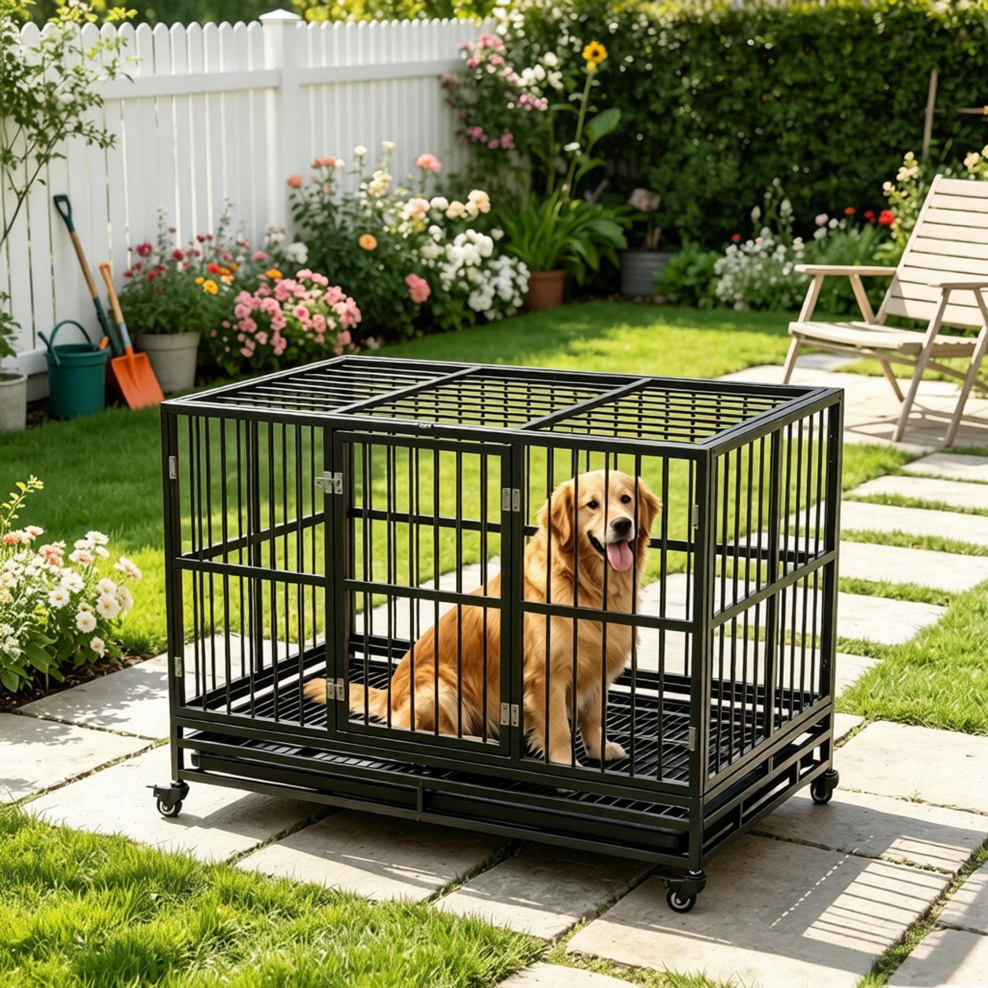 48" Heavy Duty Metal Dog Crate Kennel with Lockable Wheels Double Door Removable Tray, Gray