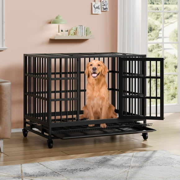 48" Heavy Duty Stainless Steel Dog Cage with Double Doors Divider Panel & Removable Tray for Indoor Outdoor Black