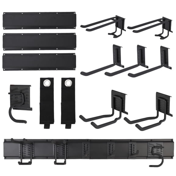 48" Heavy Duty Wall Mount Garage Tool Organizer - 13-Piece Storage System with 8 Adjustable Hooks & 2 Straps for Garden Tools, Basement, Yard & Shed, Black