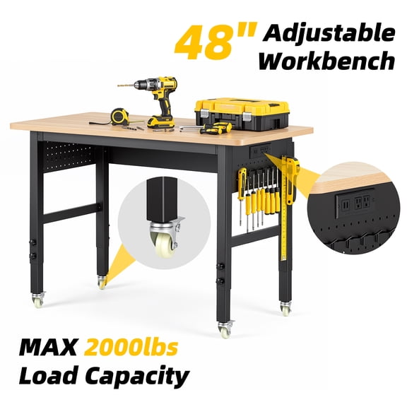 Spanspace 48" Garage Workbench with Wheels and Power Outlet, Adjustable Height Heavy Duty Workbench with Pegboard, 2000 LBS Capacity for Garage, Workshop, Office