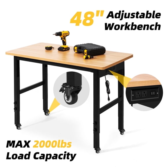 spanspace 48" Adjustable Heavy-Duty Workbench, Hardwood Top Worktable with Locking Universal Wheels & Power Outlet, Workshop Garage Table