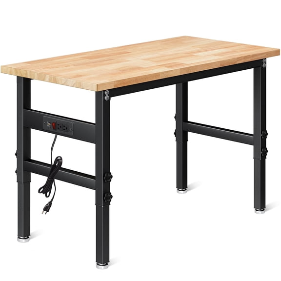 48" Height Adjustable Work Bench, 2000LBS Capacity Rubber Wood Top Workstation with Power Outlets, Heavy-Duty Hardwood Worktable for Garage, Workshop