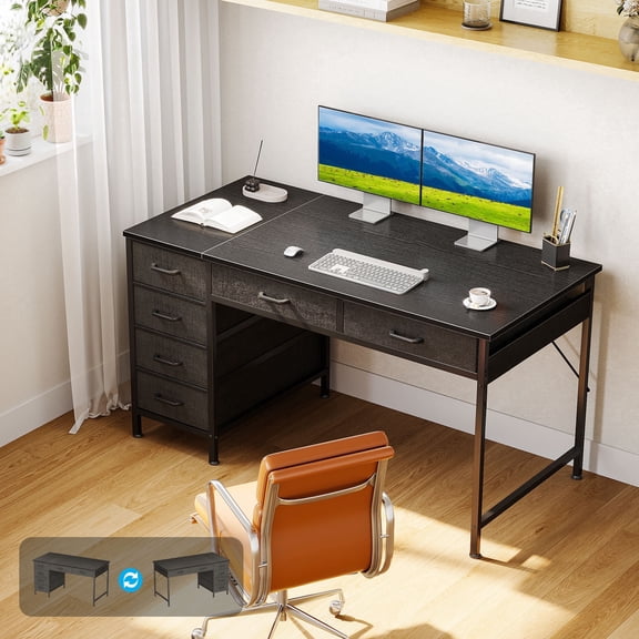 Casacomoda 48" Home Office Desk with 6 Drawers, Modern Computer Desk with Small Space, Corner Computer Desk, Black