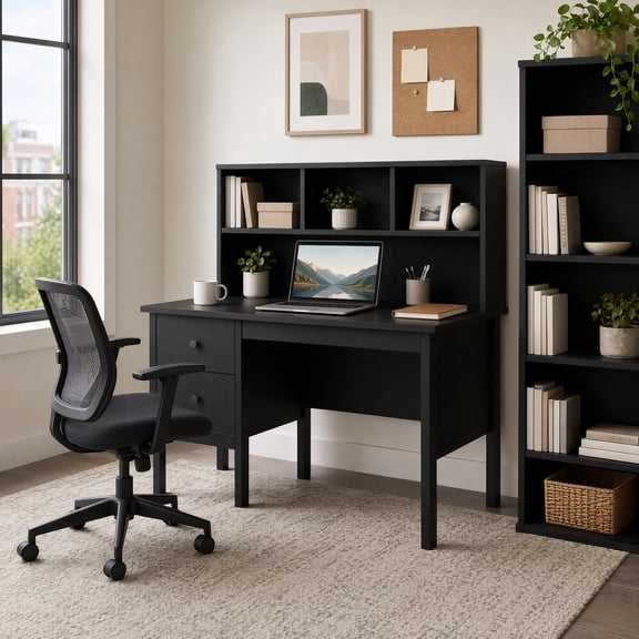 48" Home Office Desk with Charging Station & Storage Cube, Wood Modern Computer Desk with 2 Drawers,Black
