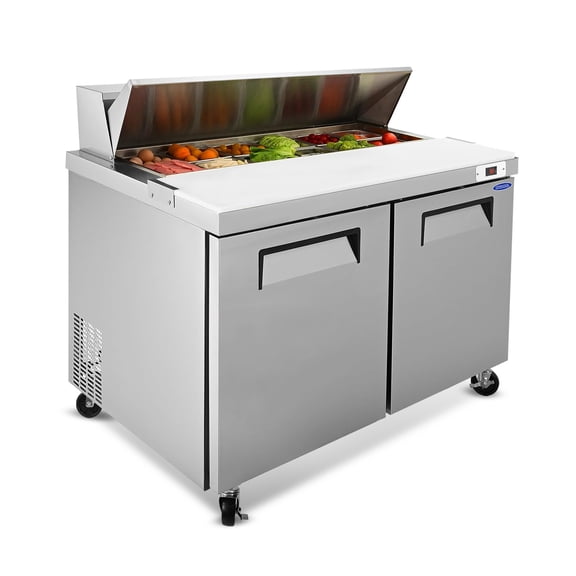 48 IN Commercial Refrigerators Sandwich&Salad Prep Table with a Butcher Block Cutting Board, Protection Lid, Cold Storage, ETL Certified