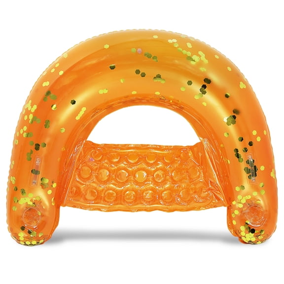 POZA Inflatable Orange Gold Pool Float Chair - Sparkly Confetti Lounge Inflatable Float with 2 Built-in Cup Holders and Handles, Floating Lounger Chair for Beach, Lake and Pool - 48x38 Inches