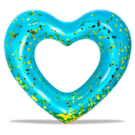 POZA Blue Gold Inflatable Heart Pool Float - Sparkly Confetti-Filled Heart Shaped Pool Tube, Inflatable Lounger for Beach or Lake, Fun Swimming Float for Kids and Adults - 48 Inches
