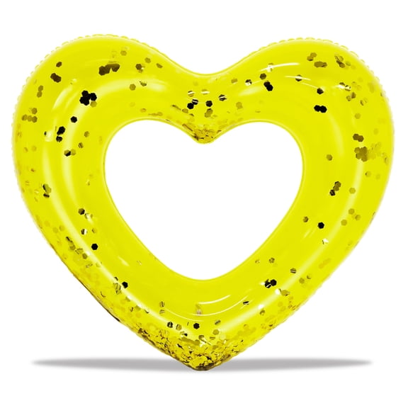 POZA Yellow Gold Inflatable Heart Pool Float - Sparkly Confetti-Filled Heart Shaped Pool Tube, Inflatable Lounger for Beach or Lake, Fun Swimming Float for Kids and Adults - 48 Inches