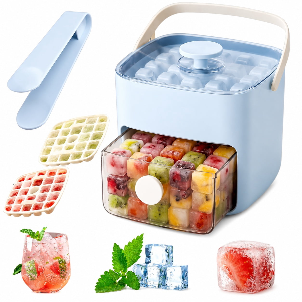 48 Ice Cube Maker with Easy Press Lid,Double Layer Portable Ice Cube Trays for Freezer with Lid and Bin, Ice Cube Mold Maker for Whiskey, Cocktail and Coffee Beverages