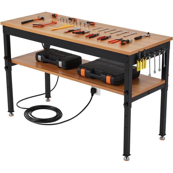 48 In Adjustable Garage Workbench with 2-Tier Shelf and ETL Power Outlet 2500 LBS Heavy-Duty Hardwood Table for Workshop Home Garage