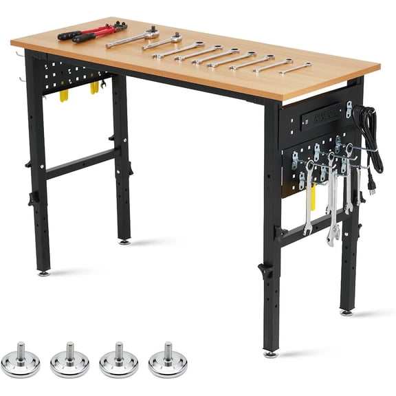 48 In Adjustable Height Workbench with Hardwood Top 2200 lb Capacity Power Outlets for Garage