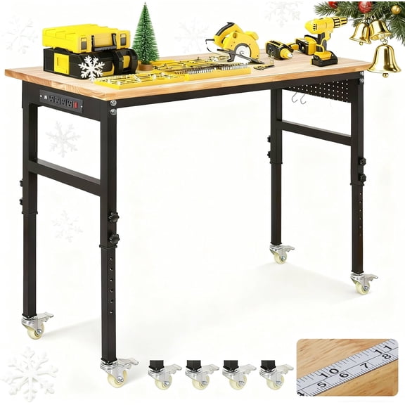 48 In Adjustable Workbench 2000 lbs with Power Outlet Pegboard and Wheels for Garage