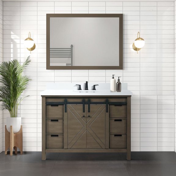 48 In. Rustic Brown Vanity For Bathrooms - 6 Drawers, Open Shelf & Mirror Simple Bathroom Cabinet 44 Storage