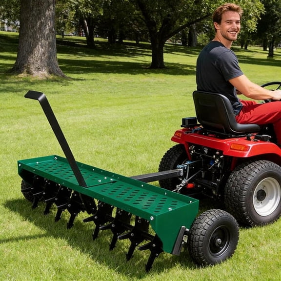 48 In Tow-Behind Plug Aerator 32 Steel Tines Weight Tray Wheels Hitch for Lawn Tractor and ATV