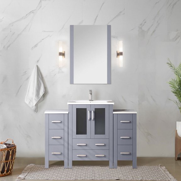 48 In. W Dark Grey Vanity For Bathroom, Side Cabinet, White Ceramic Top & 34 Mirror, Soft Close, Scratch And Stain , Abundant Storage Capacity Options Offered Single Bath W, Ample Facilities Provided