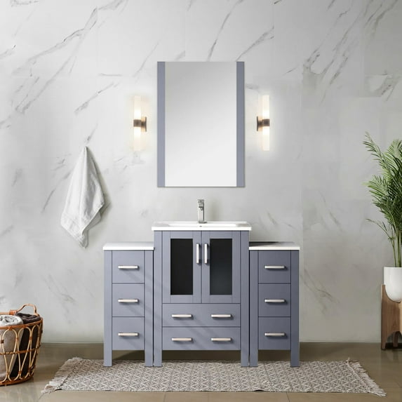 48 In. W Dark Grey Vanity For Bathroom, Side Cabinet, White Ceramic Top And 34 Mirror, Soft Close, Scratch Stain , Sufficient Storage Facilities Single Bath W, & Ample Capacity Options Provided