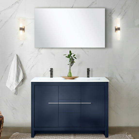 48 In. W Navy Blue Bathroom Vanity, Marble Top, Metal Faucet, 43 Mirror, Stain And Scratch Resistance Surface Double Bath Vanity In Blue, X 20 D, Finish