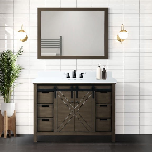48 In. W Rustic Brown Bath Vanity - 6 Drawers, Open Shelf & 44 Mirror For Bright Bathroom Cabinet With Drawers