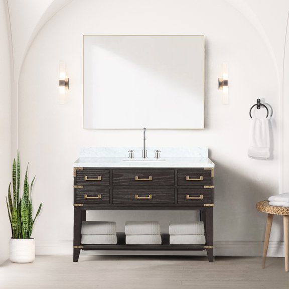 48 In. W X 22 D Brown Oak Bathroom Vanity Shelf With Marble Surface, Faucet , And 46 Mirror - Practical Solution Single Bath Featuring Slab, Faucet, Distinctive Look