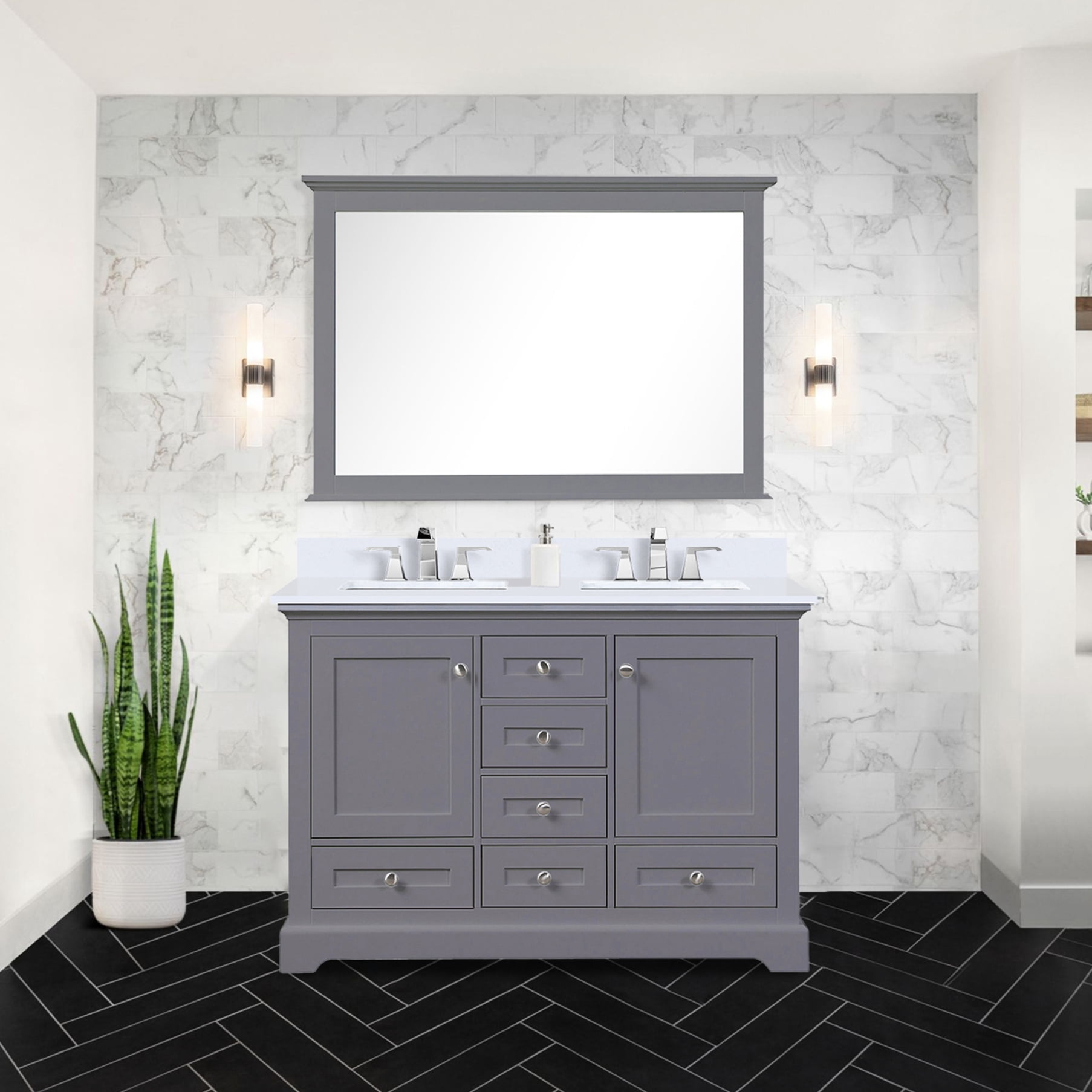 48 In. W X 22 D Dark Grey Double Bath Vanity - Marble Topped With Solid ...