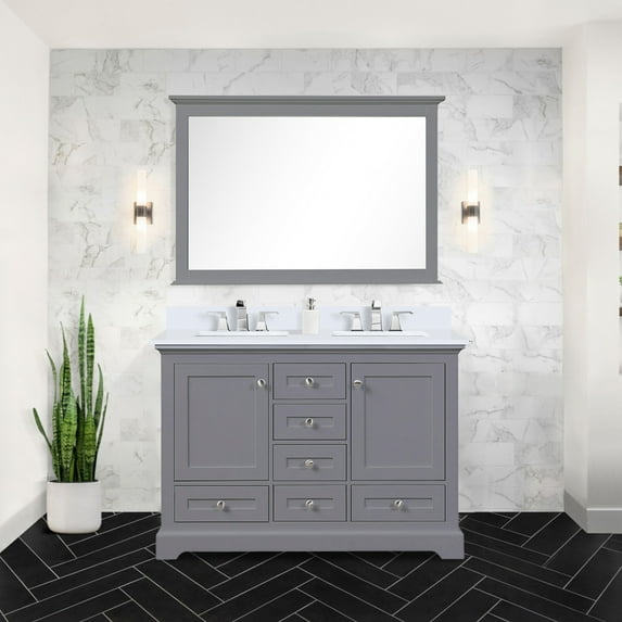 48 In. W X 22 D Dark Grey Double Bath Vanity - Marble Topped With Solid Wood Frame Mechanism Scratch And Stain Surface Sufficient Storage Two Cabinets, Six Drawers Open Shelf Pre-drilled For 8