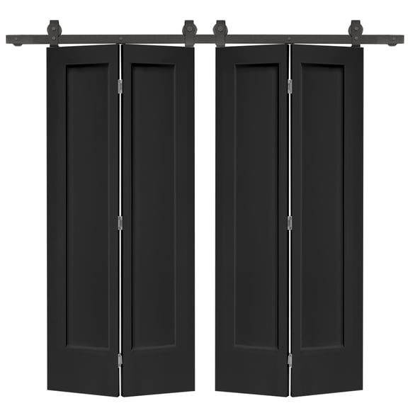48 In. X 80 In. 1 Panel Shaker Black Painted Mdf Composite Double Bi-Fold Barn Door With Sliding Hardware Kit