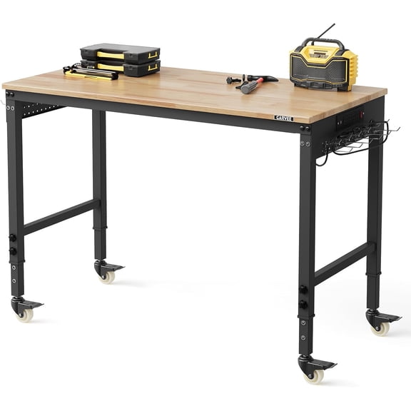 48 In x24 In Rolling Workbench with 6-Level Adjustable Height 2000 lb Load Rubberwood Top ETL Outlets Swivel Casters Pegboard and Hooks