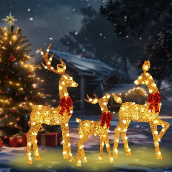 48 inch 2.5D Gold Lighted Christmas Deer Decorations 3-Piece Outdoor Holiday Decorations Reindeer Set with 145 Warm White LEDs, Large Yard Display for Garden, Storefront