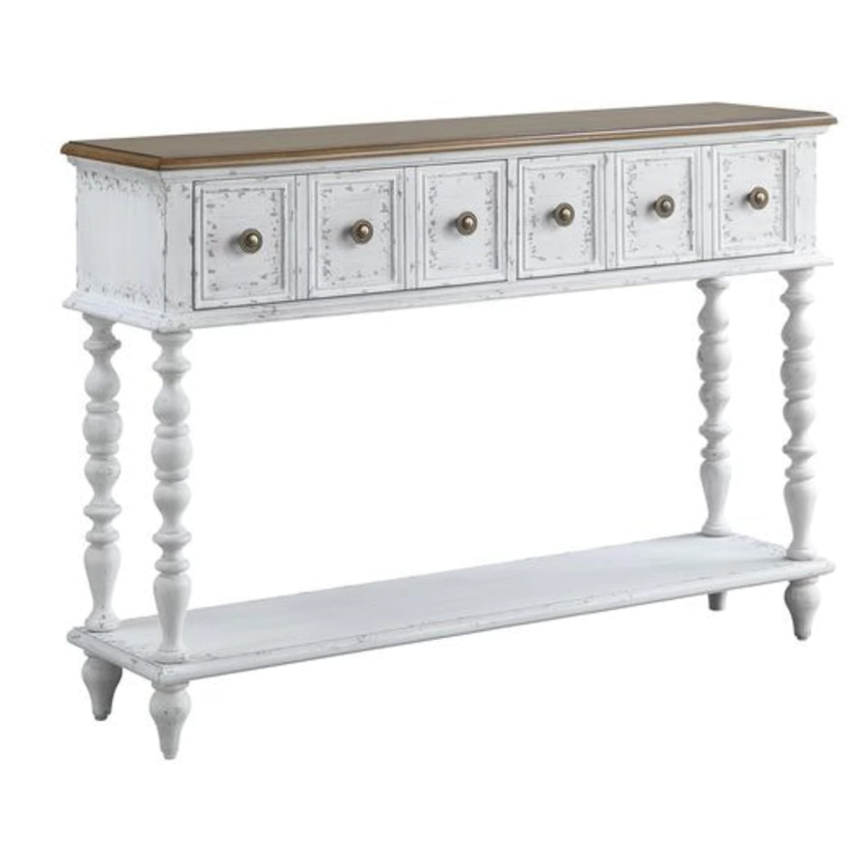 48 Inch 2 Drawer Console Table Turned Legs Distressed White Saltoro Sherpi