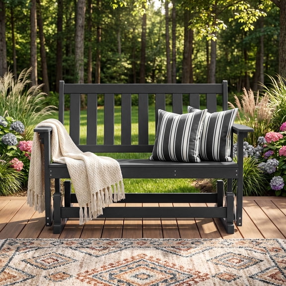 VENTOPYR HDPE Outdoor Glider Benches with 2-Person and Iron Swinging Mechanism, Black