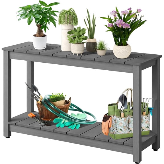 48 Inch 2-Shelf Console Table, Indoor Outdoor 2-Tier Patio Buffet Table with Adjustable Foot Pad, Wooden Bar Storage Organizer, Entryway Side Table for Patio, Porch, Backyard, Garden, Balcony