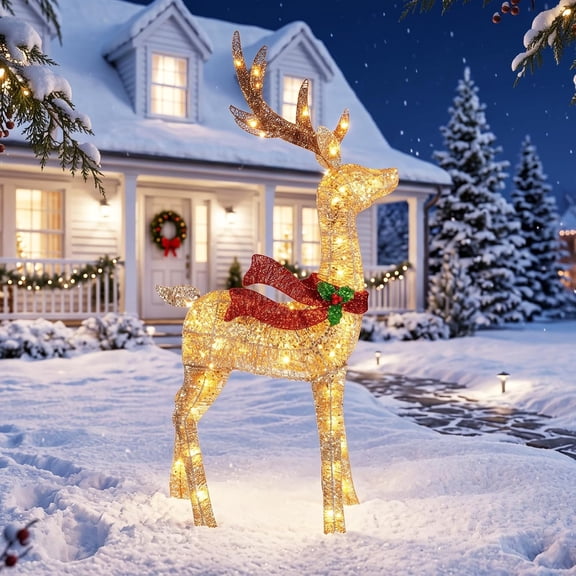 48 Inch 3D Woven Large Lighted Christmas Deer Yard Decor