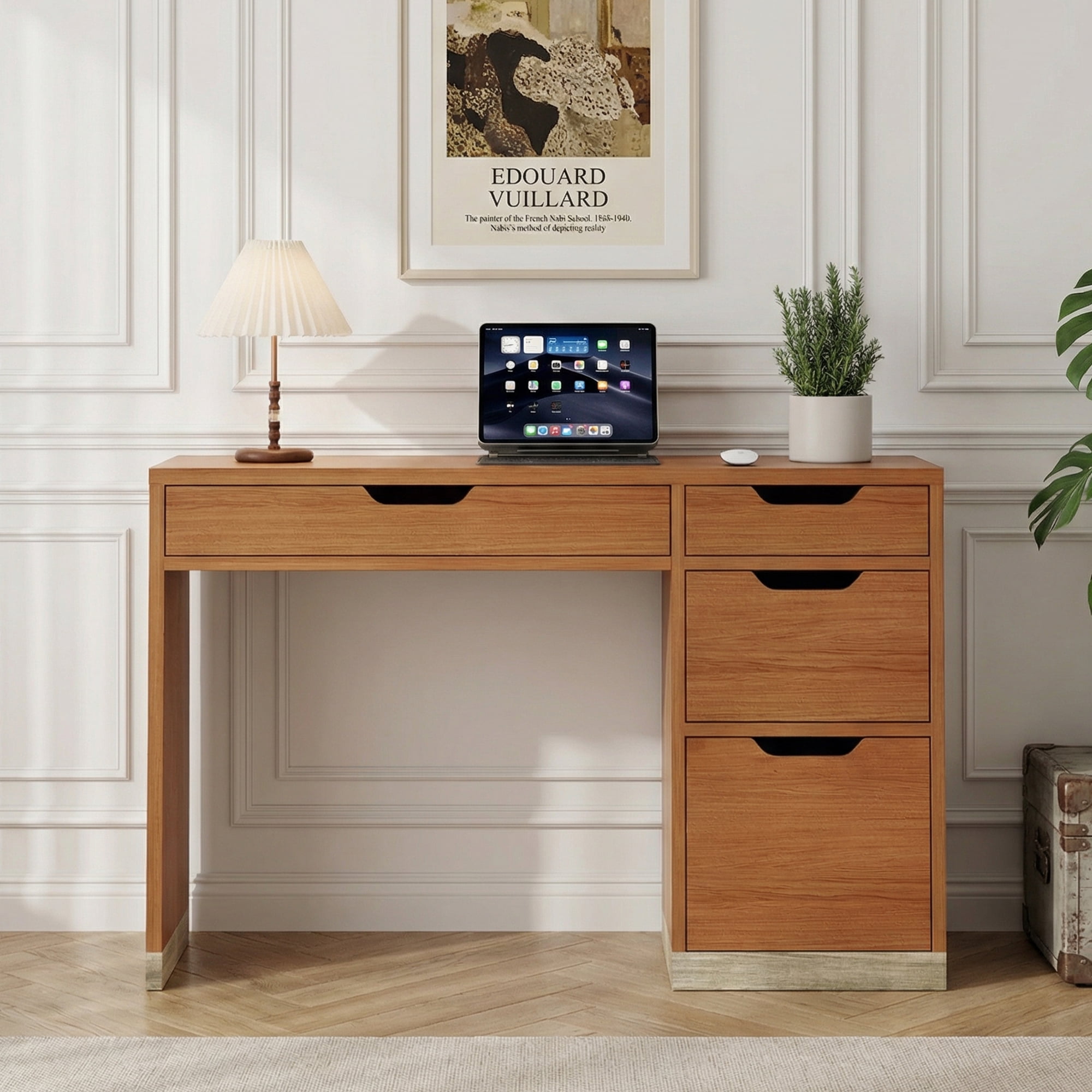 4 EVER WINNER 48" Computer Desk with Drawers, Home Office Writing Desk with Spacious Legroom, Modern Study Desk for Bedroom, Office and Small Spaces，Brown