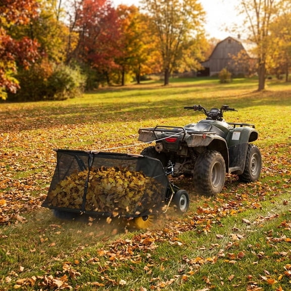 48-Inch ATV Lawn Sweeper, 20 Cubic Feet Easy-Empty Hopper with 4 Nylon Brushes (10-Inch Diameter), Universal Hitch & Non-Slip Wheels, Black