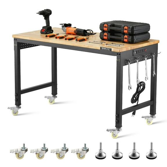 48 Inch Adjustable Heavy Duty Oak Wood Workbench with Power Outlet Wheels Pegboard 2000 lbs Load Capacity for Garage Workshop Office Home