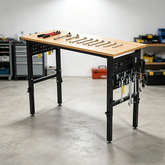 48 Inch Adjustable Height Hardwood Workbench with Metal Frame Power Outlets and Non-Slip Foot Pads Indoor Work Table for Workshop Garage Office Home Commercial Space