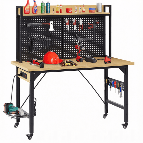 48-Inch Adjustable Workbench with Pegboard, Heavy-Duty Wooden Top, 2000 ...