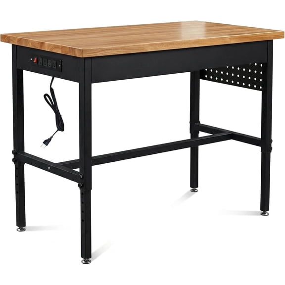 48 Inch Adjustable Workbench with Power Outlet, 2500 LBS Heavy Duty Workbench with Hardwood Top, 6-Level Height Adjustable Garage Work Table with Wheels, Rolling Workstation for Workshop