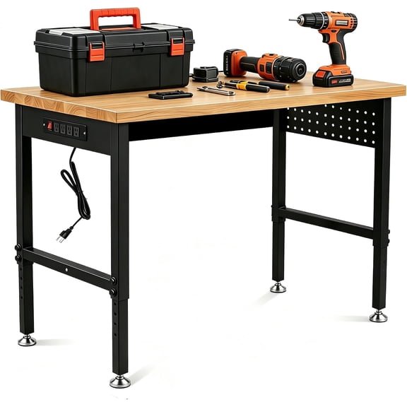 48 Inch Adjustable Workbench with Power Outlet Heavy Duty 2500 LBS Load Capacity Hardwood Work Table for Garage 6 Level Height Adjustable Workshop Bench (48"x24")