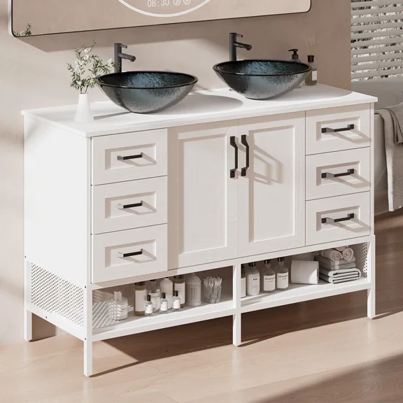 48 Inch Bathroom Vanity with Double Sink, Freestanding Cabinet with Open Shelves and 6 Storage Drawers, Modern Iron Wood Cabinet with Countertop Tempered Glass Vessel(Ship in 2 Boxes)