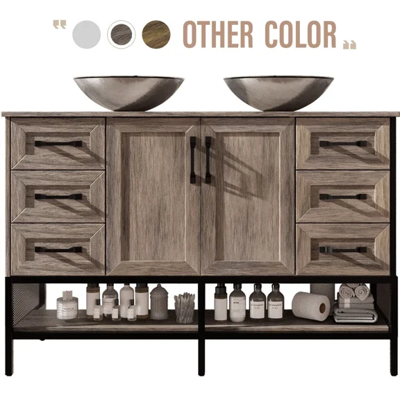 48 Inch Bathroom Vanity with Double Sink, Freestanding Cabinet with Open Shelves and 6 Storage Drawers, Modern Iron Wood Cabinet with Countertop Tempered Glass Vessel(Ship in 2 Boxes)